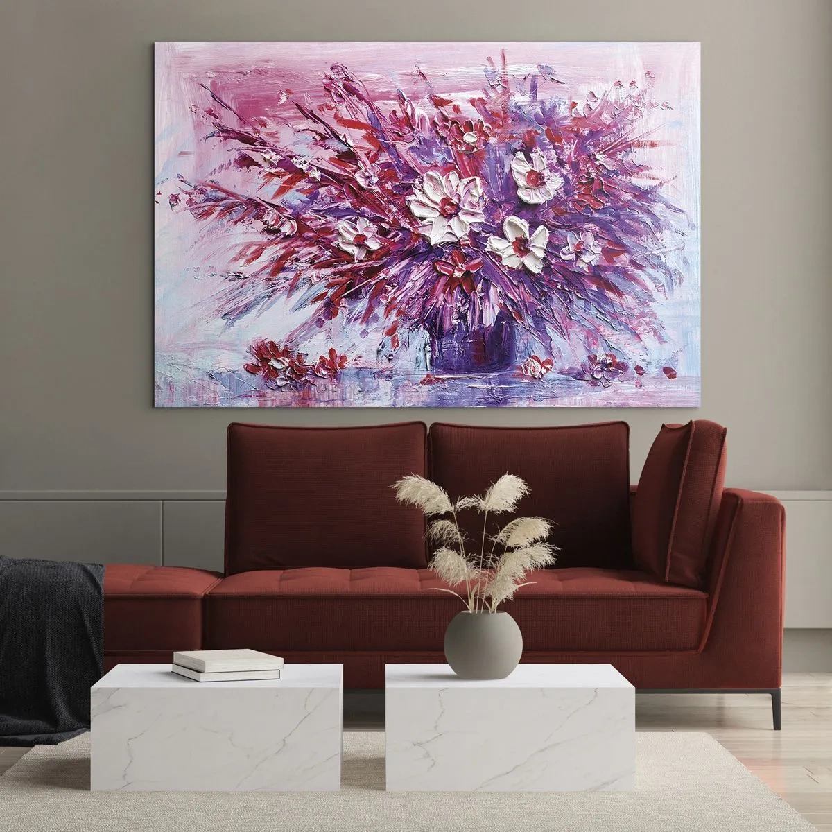 Quadro em vidro - Um buquê de flores em tons de rosa e roxo - 70x50cm - Inocência e paixão - Decoração de parede moderna para a sala de estar e quarto ARTTOR