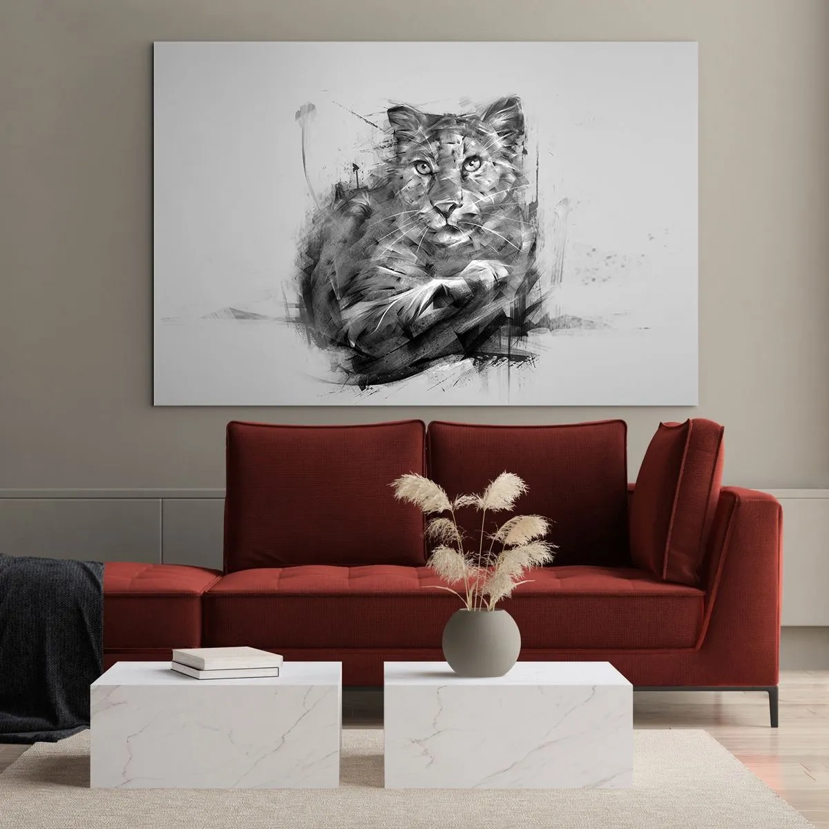 Quadro em vidro - Um desenho de um tigre em estilo monocromático sobre um fundo claro - 70x50cm - Sim, estou a ouvir atentamente - Decoração de parede moderna para a sala de estar e quarto ARTTOR