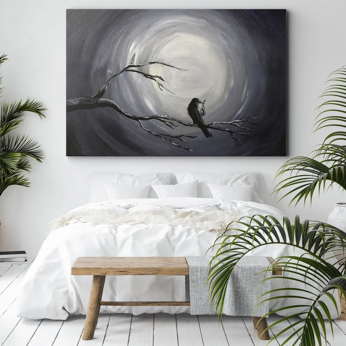 Quadro em tela - Pássaro preto em um galho ao luar - 70x50cm - A chave para o mistério da noite - Decoração de parede moderna para a sala de estar e quarto ARTTOR
