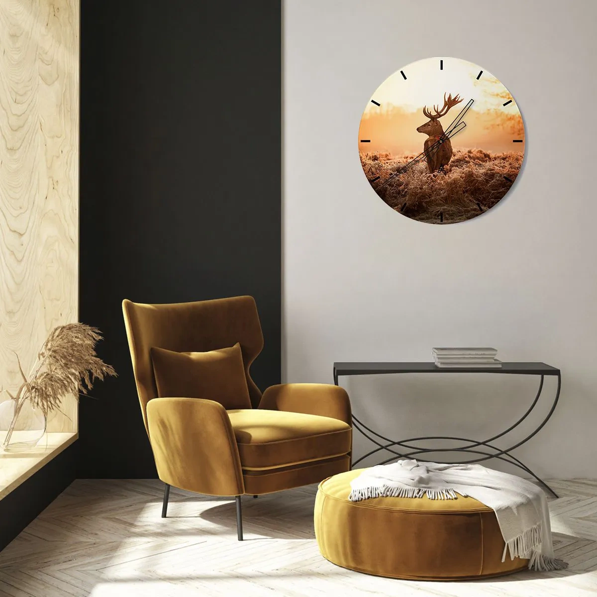 Relógio de parede - Relógio em vidro - Veados na névoa da manhã em tons quentes de ouro - 30x30cm - O senhor da propriedade - Decoração de parede moderna para a sala de estar, cozinha e quarto ARTTOR