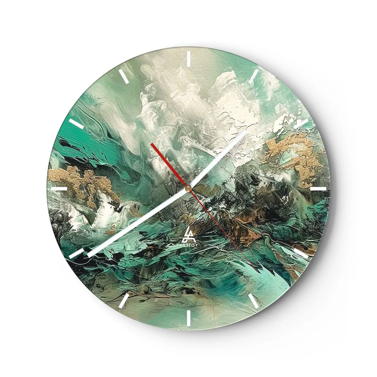 Relógio de parede - Relógio em vidro - Abstração dinâmica em verde, branco e dourado - 30x30cm - Surf esmeralda e preto - Decoração de parede moderna para a sala de estar, cozinha e quarto ARTTOR
