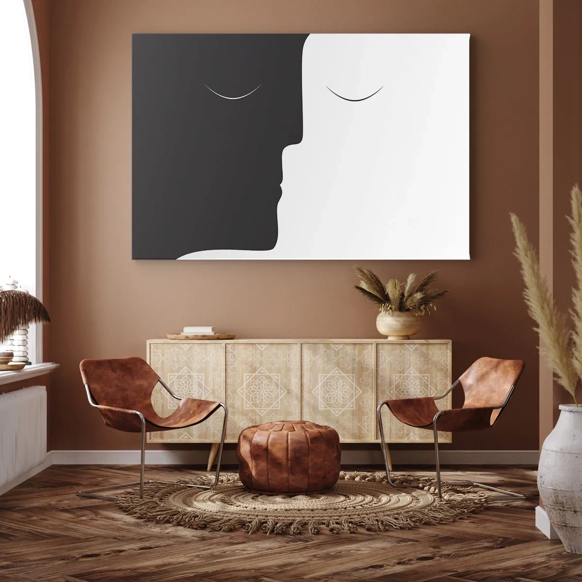 Quadro em tela - Uma silhueta minimalista de dois rostos em cores contrastantes. - 70x50cm - Unidade de opostos - Decoração de parede moderna para a sala de estar e quarto ARTTOR