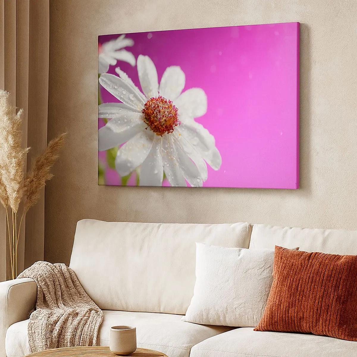 Quadro em tela - Uma margarida branca coberta com gotas de água sobre um fundo rosa - 70x50cm - Modesto em sua beleza - Decoração de parede moderna para a sala de estar e quarto ARTTOR