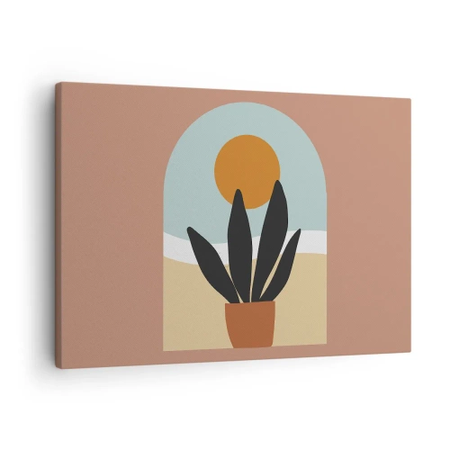 Quadro em tela - Uma planta preta em um vaso contra o sol - 70x50cm - Pequenas alegrias - Decoração de parede moderna para a sala de estar e quarto ARTTOR