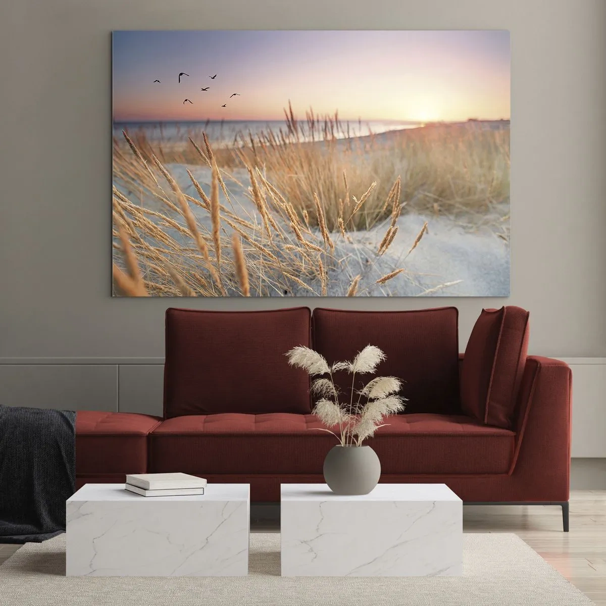 Quadro em vidro - Uma praia com grama e o sol se pondo sobre o mar - 70x50cm - Uma canção de embalar do Báltico - Decoração de parede moderna para a sala de estar e quarto ARTTOR
