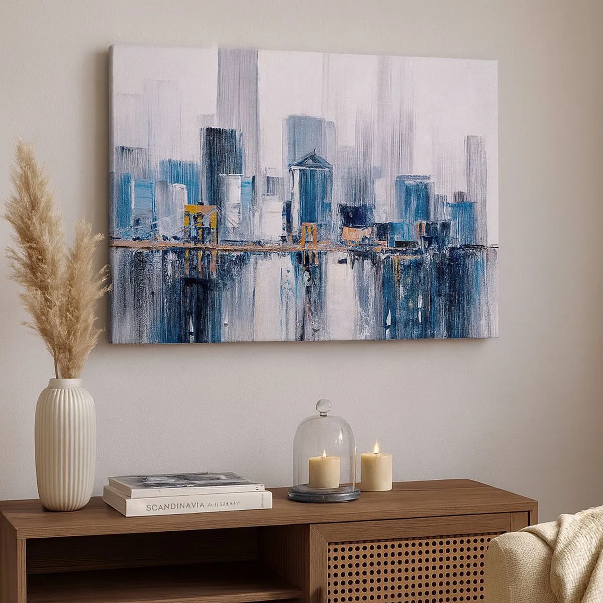 Quadro em tela - Panorama abstrato da cidade com tons de azul e amarelo - 70x50cm - Impressão de Nova York - Decoração de parede moderna para a sala de estar e quarto ARTTOR
