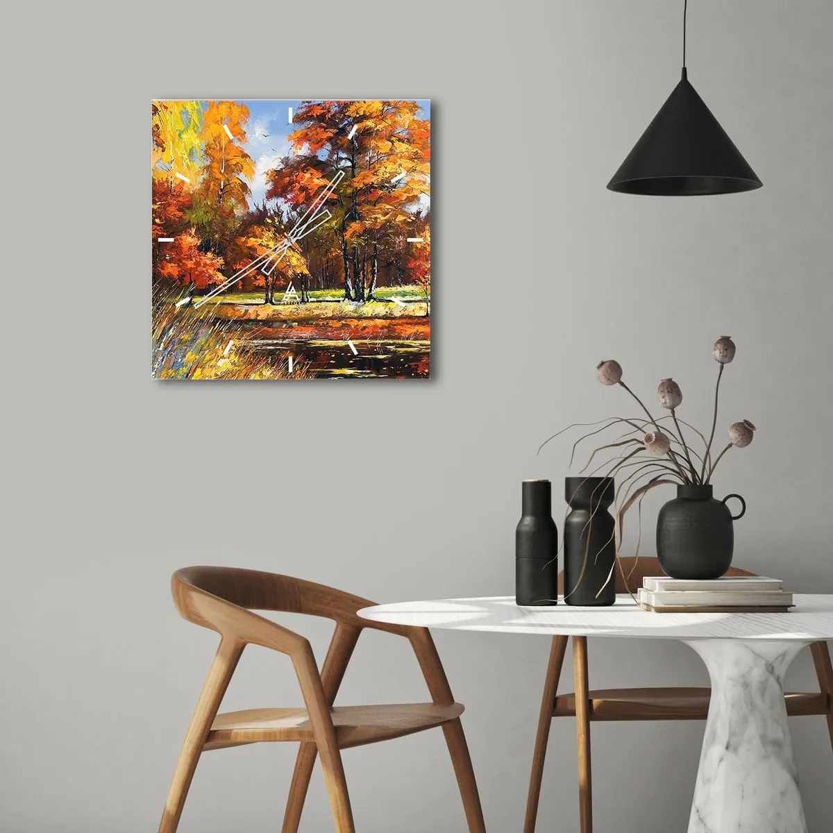 Relógio de parede - Relógio em vidro - Paisagem em ouro e bronze - 30x30 cm