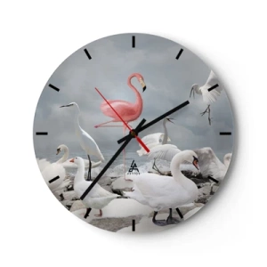 Relógio de parede - Relógio em vidro - Um flamingo rosa entre cisnes brancos e garças sobre a água - 30x30cm - Como vim parar aqui? - Decoração de parede moderna para a sala de estar, cozinha e quarto ARTTOR
