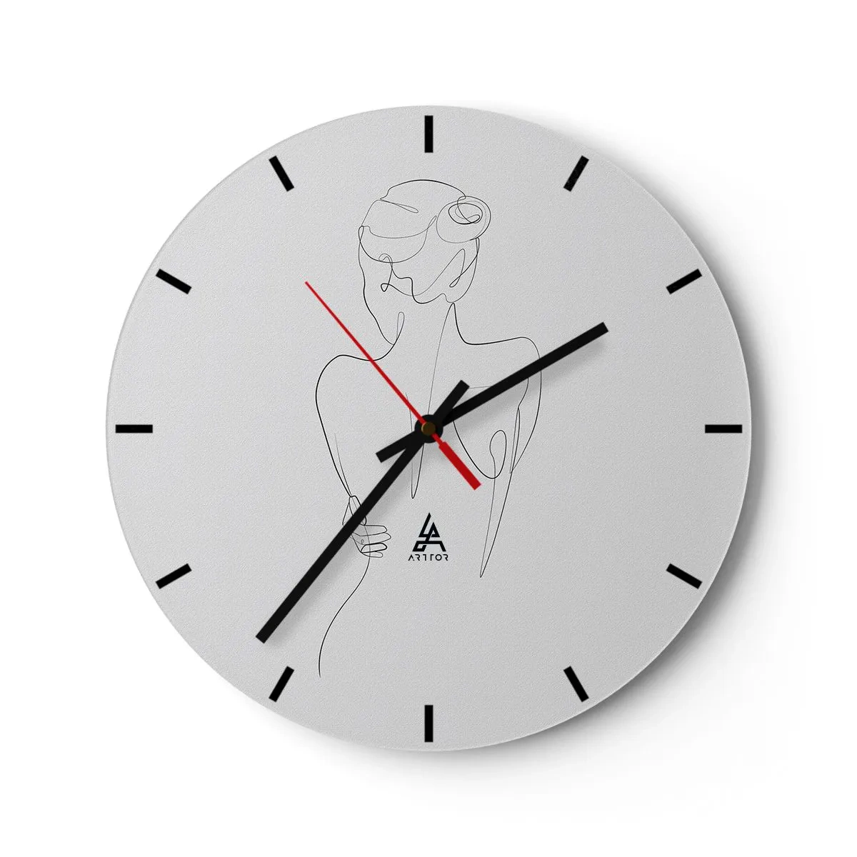 Relógio de parede - Relógio em vidro - A linha sutil de uma silhueta feminina em um fundo branco - 30x30cm - Música corporal - Decoração de parede moderna para a sala de estar, cozinha e quarto ARTTOR