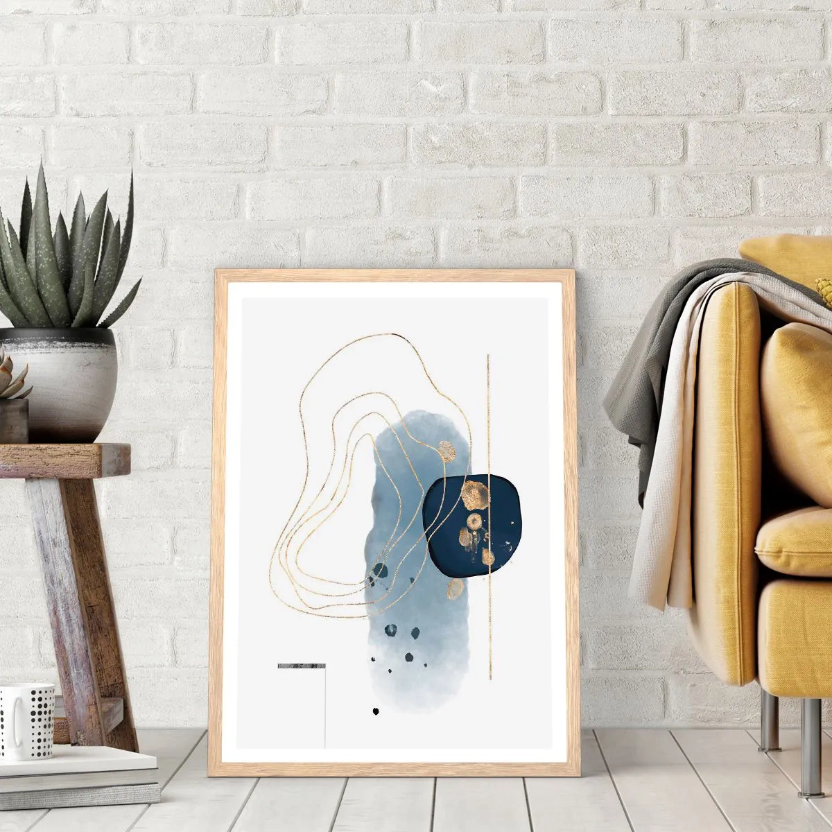 Pôster com moldura de carvalho claro - Fantasia azul e dourada - 70x100 cm