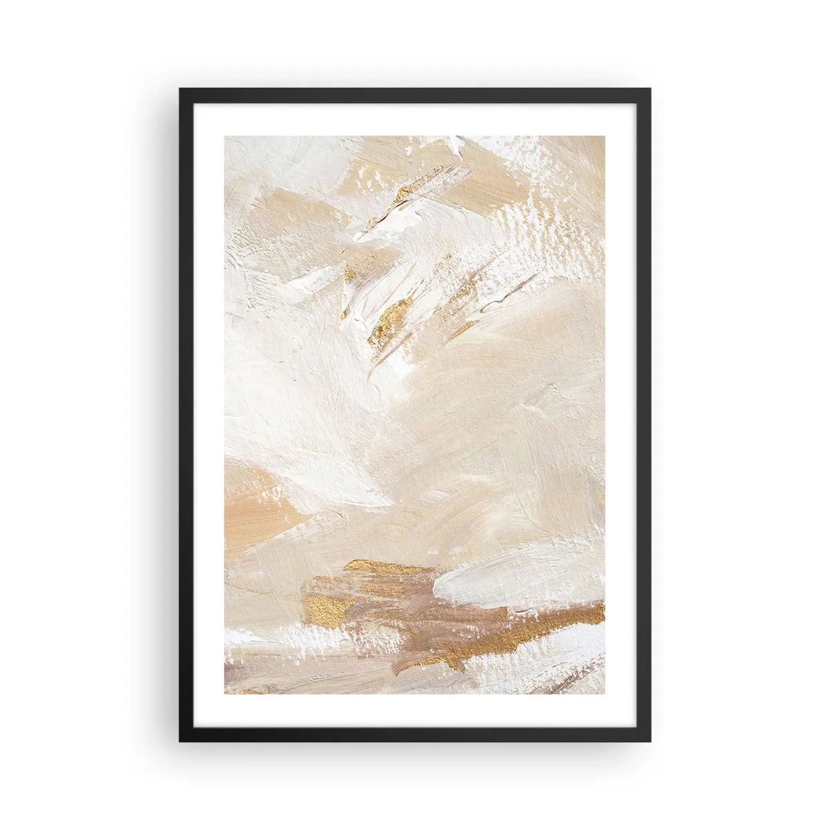 Pôster com moldura preta - Pinceladas abstratas em bege e dourado - 50x70cm - Composição pastel - Decoração de parede moderna para a sala de estar e quarto ARTTOR