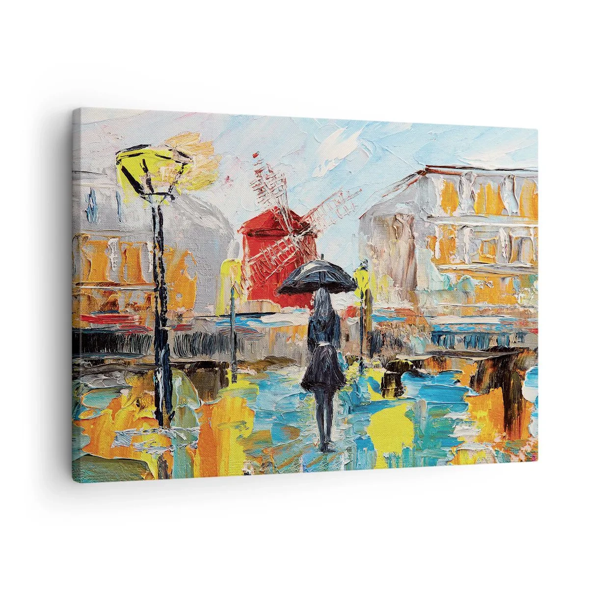 Quadro em tela - Uma cena pitoresca com um guarda-chuva tendo como pano de fundo Paris em cores vibrantes. - 70x50cm - Lendas parisienses - Decoração de parede moderna para a sala de estar e quarto ARTTOR