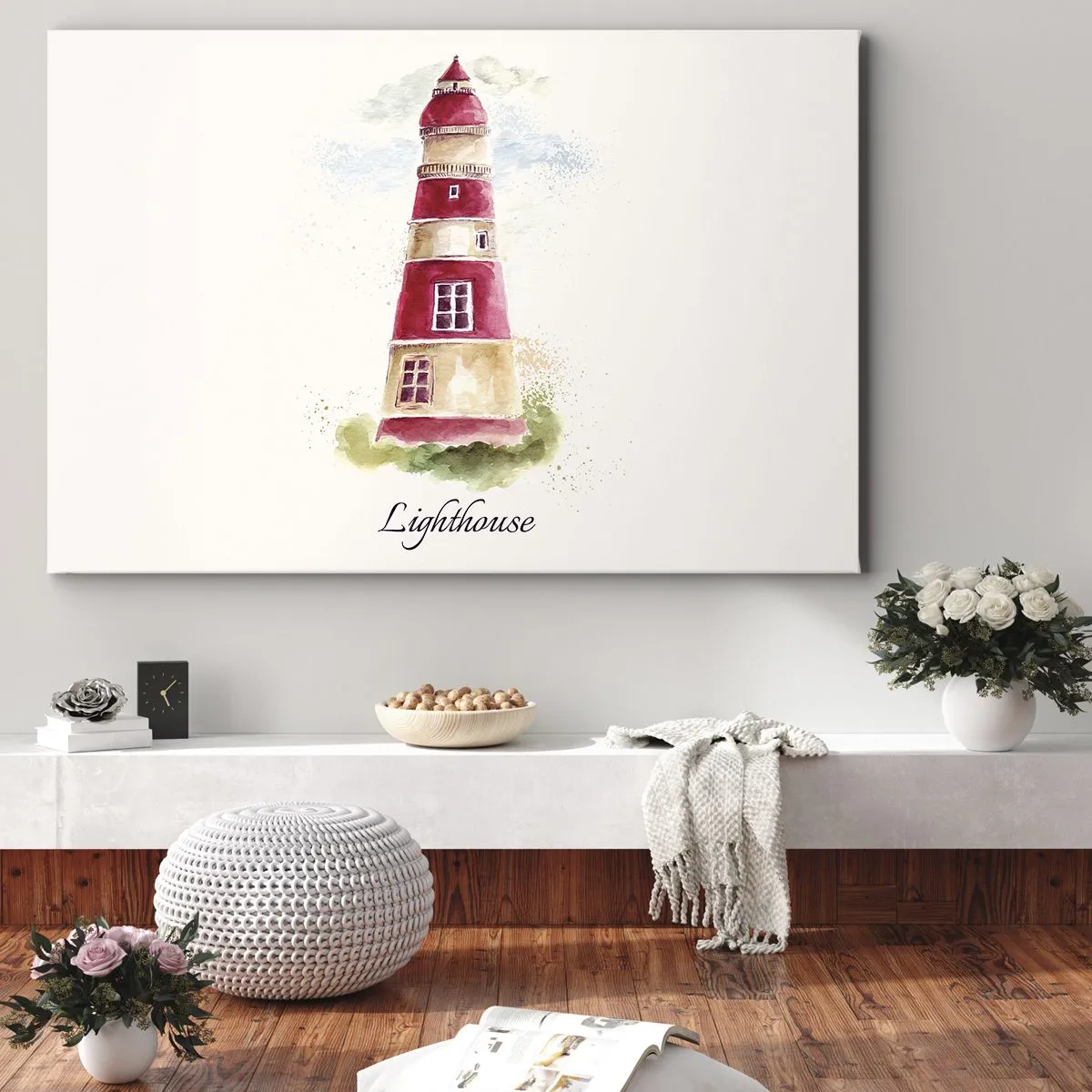 Quadro em tela - Uma pintura em aquarela de um farol sobre um fundo claro com uma inscrição - 70x50cm - Sempre há clima - Decoração de parede moderna para a sala de estar e quarto ARTTOR