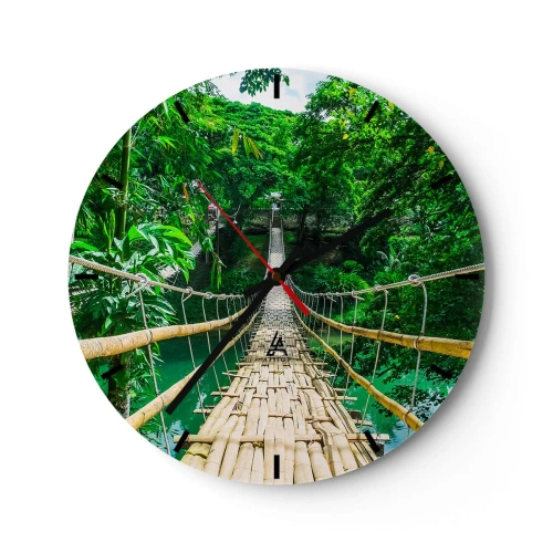 Relógio de parede - Relógio em vidro - Uma ponte de corda de bambu em meio à vegetação tropical sobre um rio - 30x30cm - Ponte de macacos sobre a vegetação - Decoração de parede moderna para a sala de estar, cozinha e quarto ARTTOR