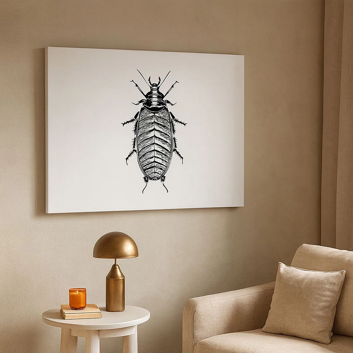 Quadro em tela - Gráfico de um inseto preto e branco em um fundo branco - 70x50cm - Que exemplo! - Decoração de parede moderna para a sala de estar e quarto ARTTOR