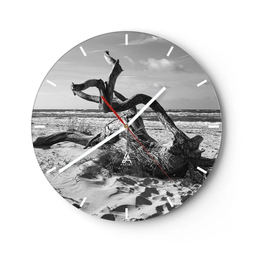 Relógio de parede - Relógio em vidro - Uma paisagem em preto e branco com um galho caído em uma praia arenosa. - 30x30cm - Escultura do mar - Decoração de parede moderna para a sala de estar, cozinha e quarto ARTTOR
