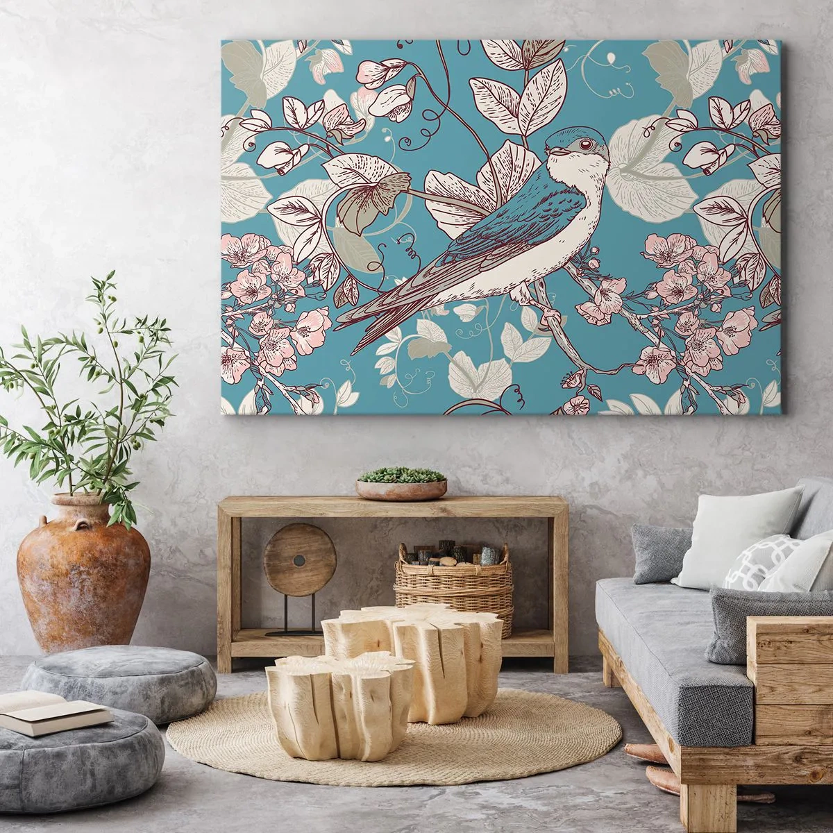 Quadro em tela - Um pássaro em um galho em um delicado estilo floral - 70x50cm - Cantos no choupo-branco - Decoração de parede moderna para a sala de estar e quarto ARTTOR