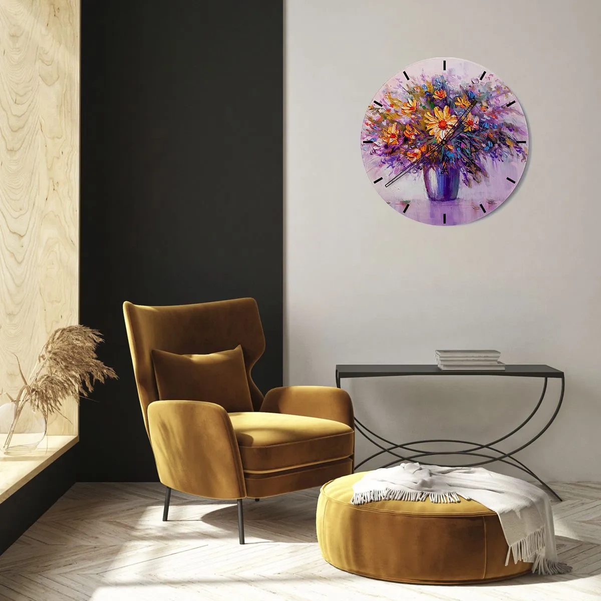 Relógio de parede - Relógio em vidro - Um buquê de flores em roxo com cores intensas - 30x30cm - Cheiro agradável, aparência agradável - Decoração de parede moderna para a sala de estar, cozinha e quarto ARTTOR