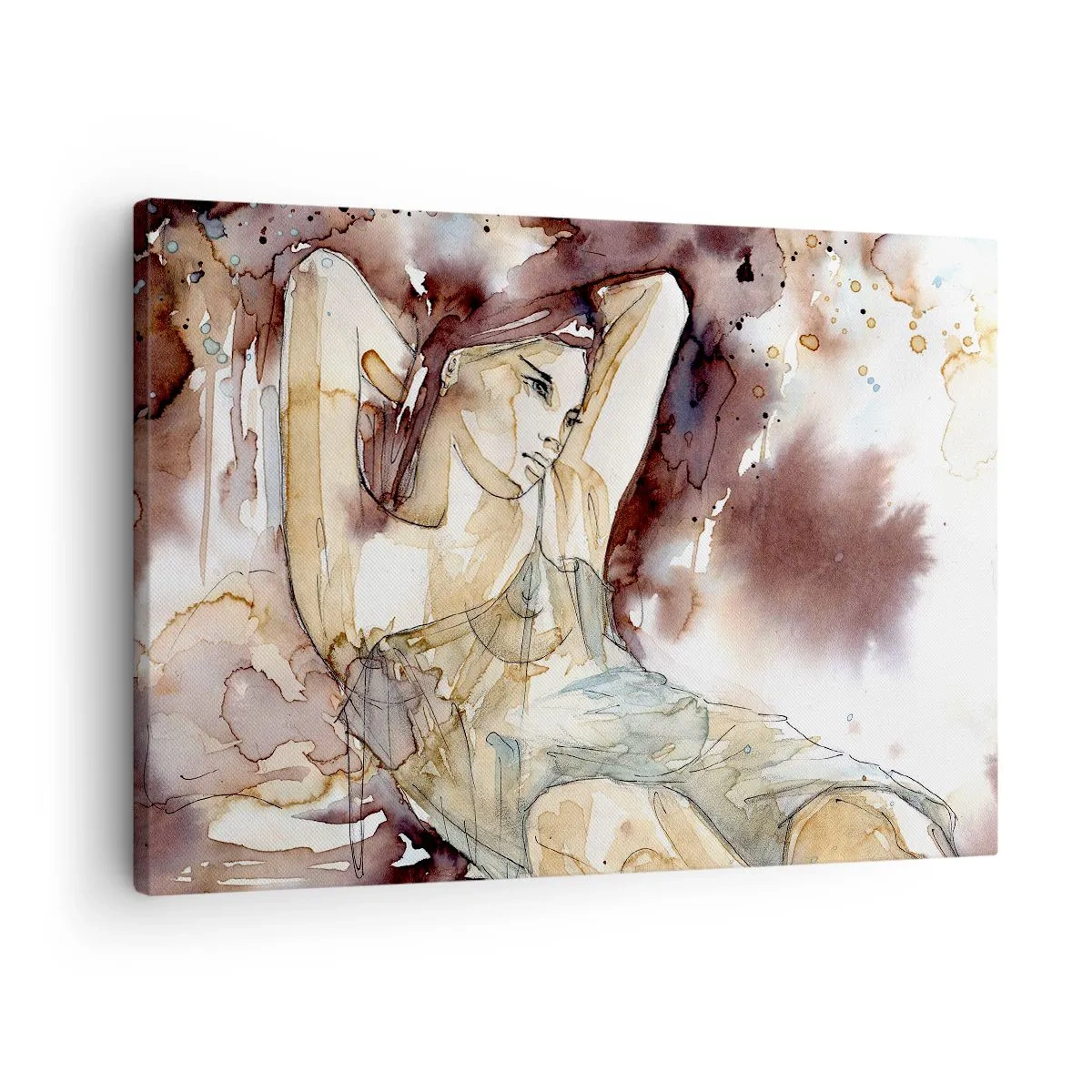Quadro em tela - Mulher em estilo artístico de aquarela com fundo marrom - 70x50cm - Em lilás - Decoração de parede moderna para a sala de estar e quarto ARTTOR