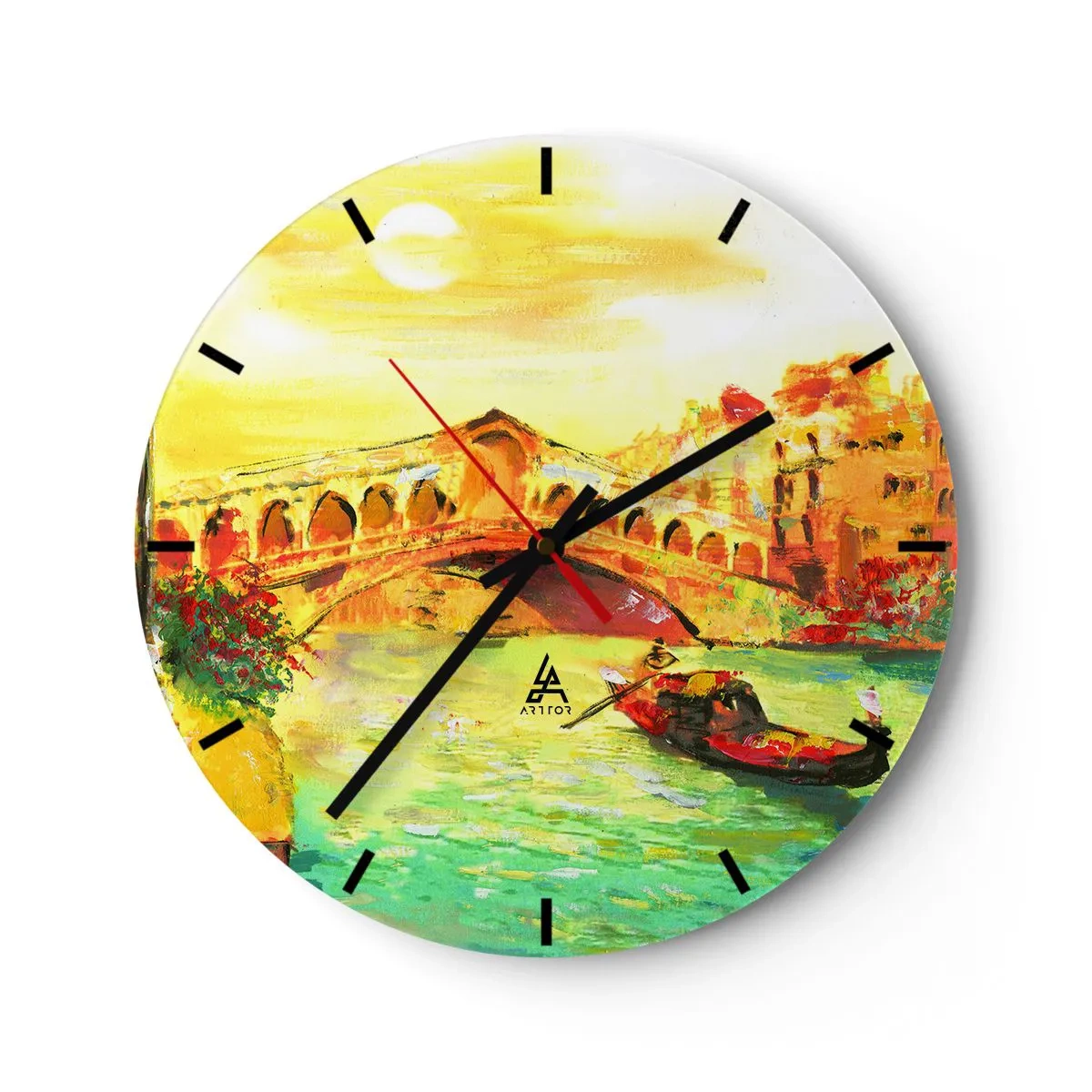 Relógio de parede - Relógio em vidro - Uma cena com uma gôndola tendo como pano de fundo uma ponte em cores douradas - 30x30cm - Romaria dos amantes - Decoração de parede moderna para a sala de estar, cozinha e quarto ARTTOR