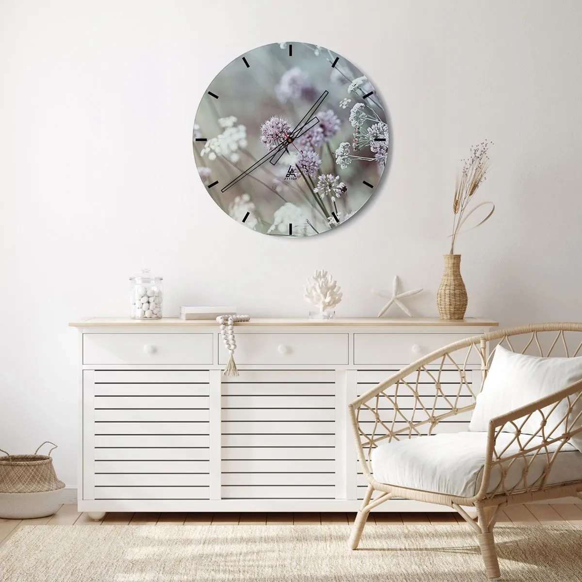 Relógio de parede - Relógio em vidro - Flores silvestres em tons pastéis - 30x30cm - Doce delicadeza das ervas - Decoração de parede moderna para a sala de estar, cozinha e quarto ARTTOR