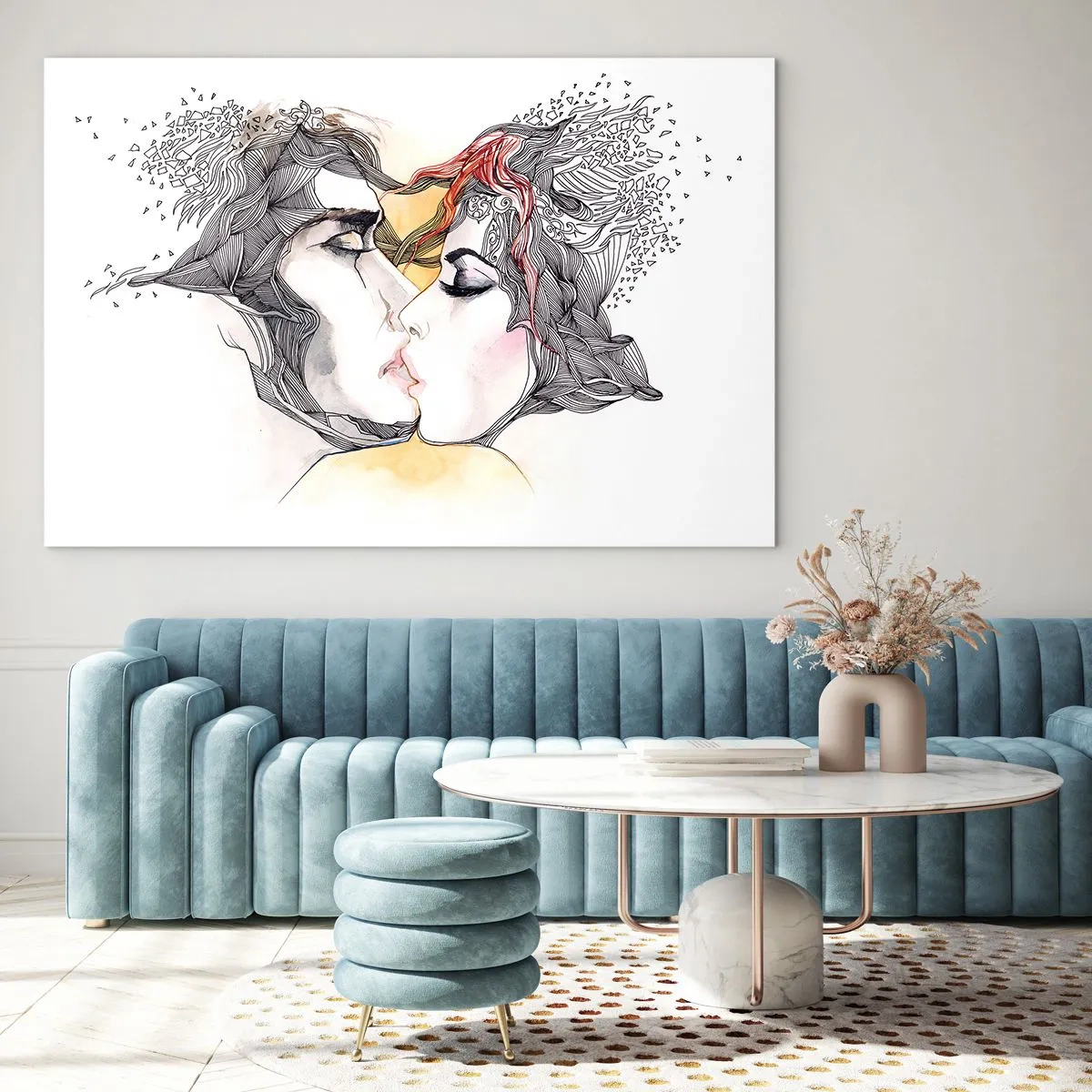 Quadro em vidro - Casal abstrato se beijando com padrões artísticos - 70x50cm - O mundo não existe - Decoração de parede moderna para a sala de estar e quarto ARTTOR