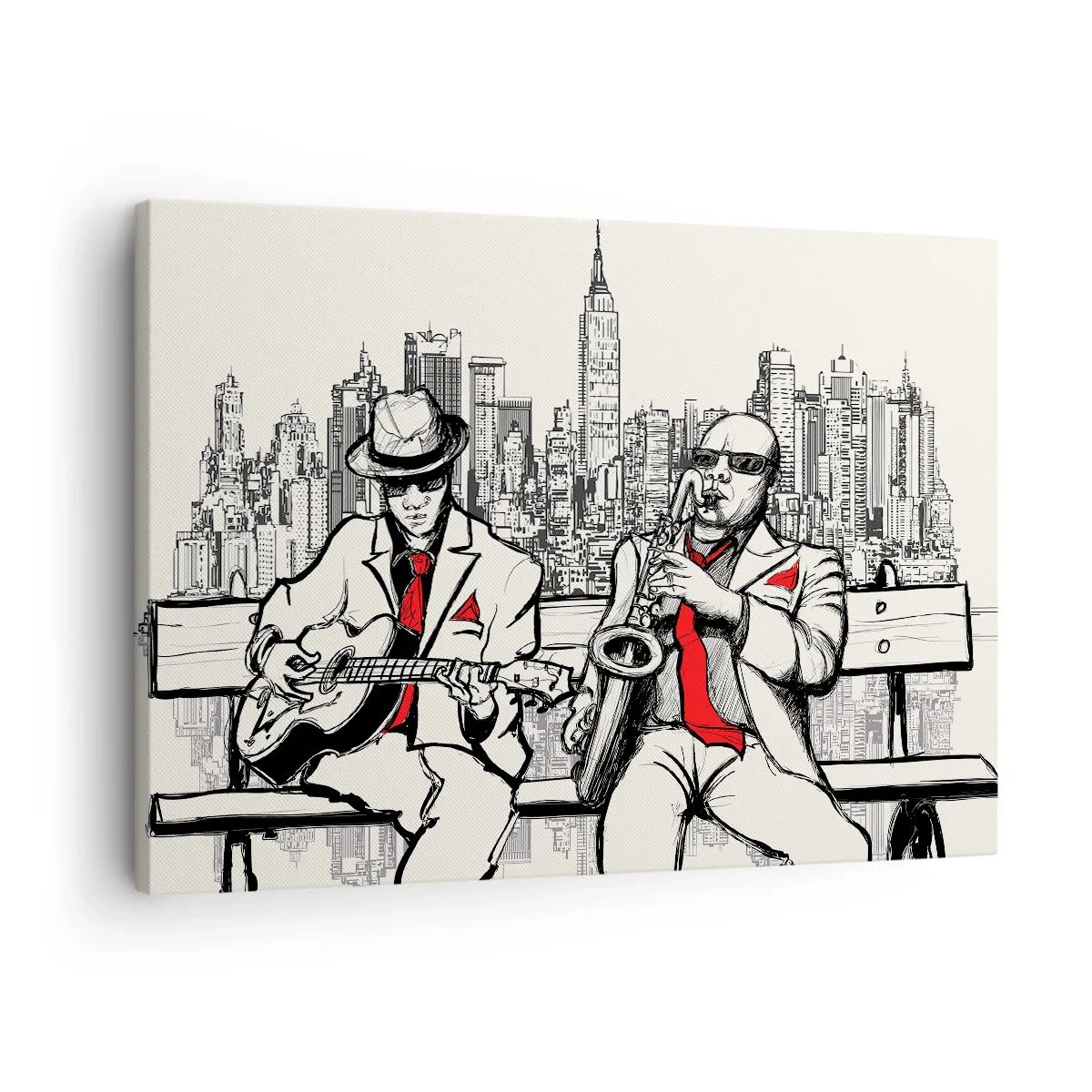 Quadro em tela - Uma dupla de jazz com saxofone e guitarra tendo como pano de fundo a cidade - 70x50cm - Improvisação nova-iorquina - Decoração de parede moderna para a sala de estar e quarto ARTTOR