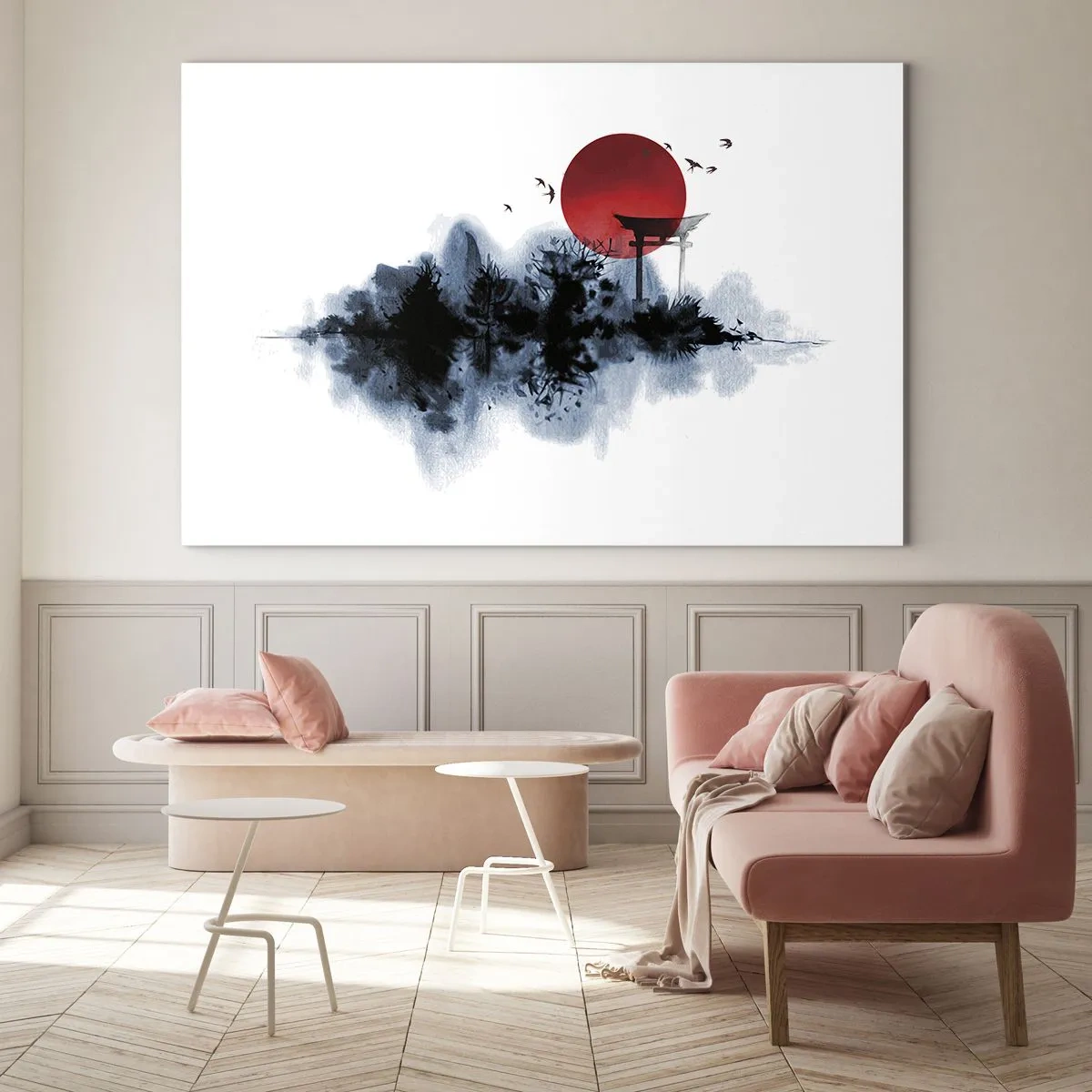 Quadro em vidro - Uma paisagem minimalista com um portão torii e um sol vermelho. - 70x50cm - Vista japonesa - Decoração de parede moderna para a sala de estar e quarto ARTTOR