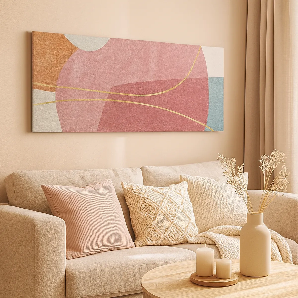 Quadro em tela - Composição pastel com fio dourado - 30x30 cm