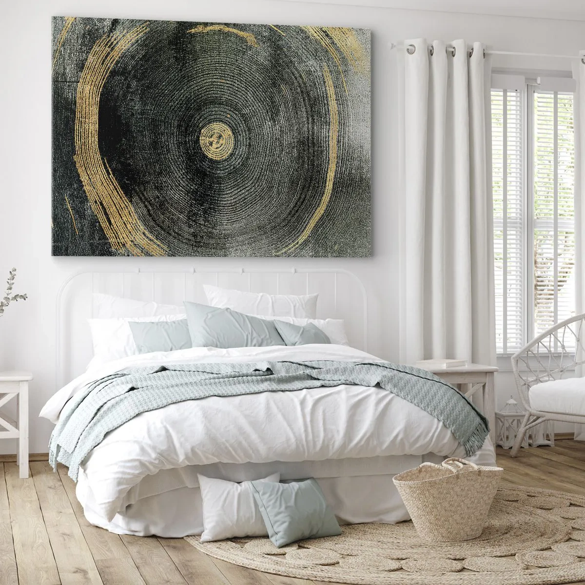 Quadro em tela - Círculos concêntricos com detalhes dourados - 70x50cm - Mudança e persistência - Decoração de parede moderna para a sala de estar e quarto ARTTOR