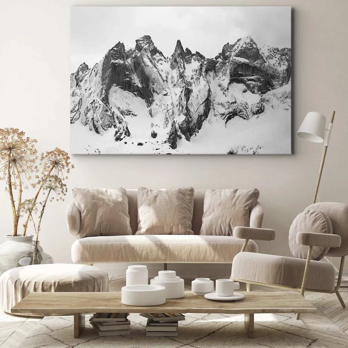 Quadro em tela - Picos de montanhas cobertos de neve em preto e branco - 70x50cm - O assustador cume de granito - Decoração de parede moderna para a sala de estar e quarto ARTTOR