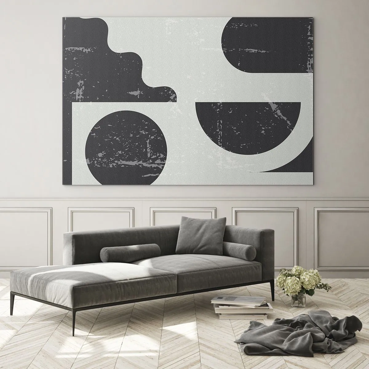 Quadro em vidro - Gráficos geométricos abstratos com abrasões - 70x50cm - Composição acima e abaixo - Decoração de parede moderna para a sala de estar e quarto ARTTOR