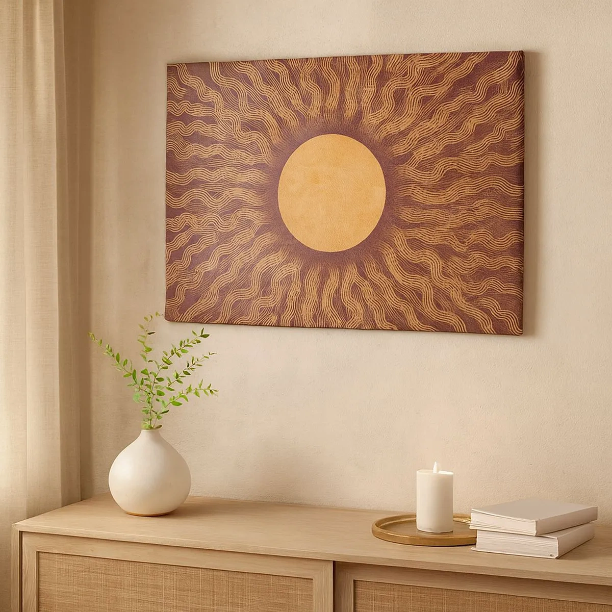 Quadro em tela - Padrão ensolarado com raios sobre um fundo em tons de marrom - 70x50cm - Ícone do sol - Decoração de parede moderna para a sala de estar e quarto ARTTOR