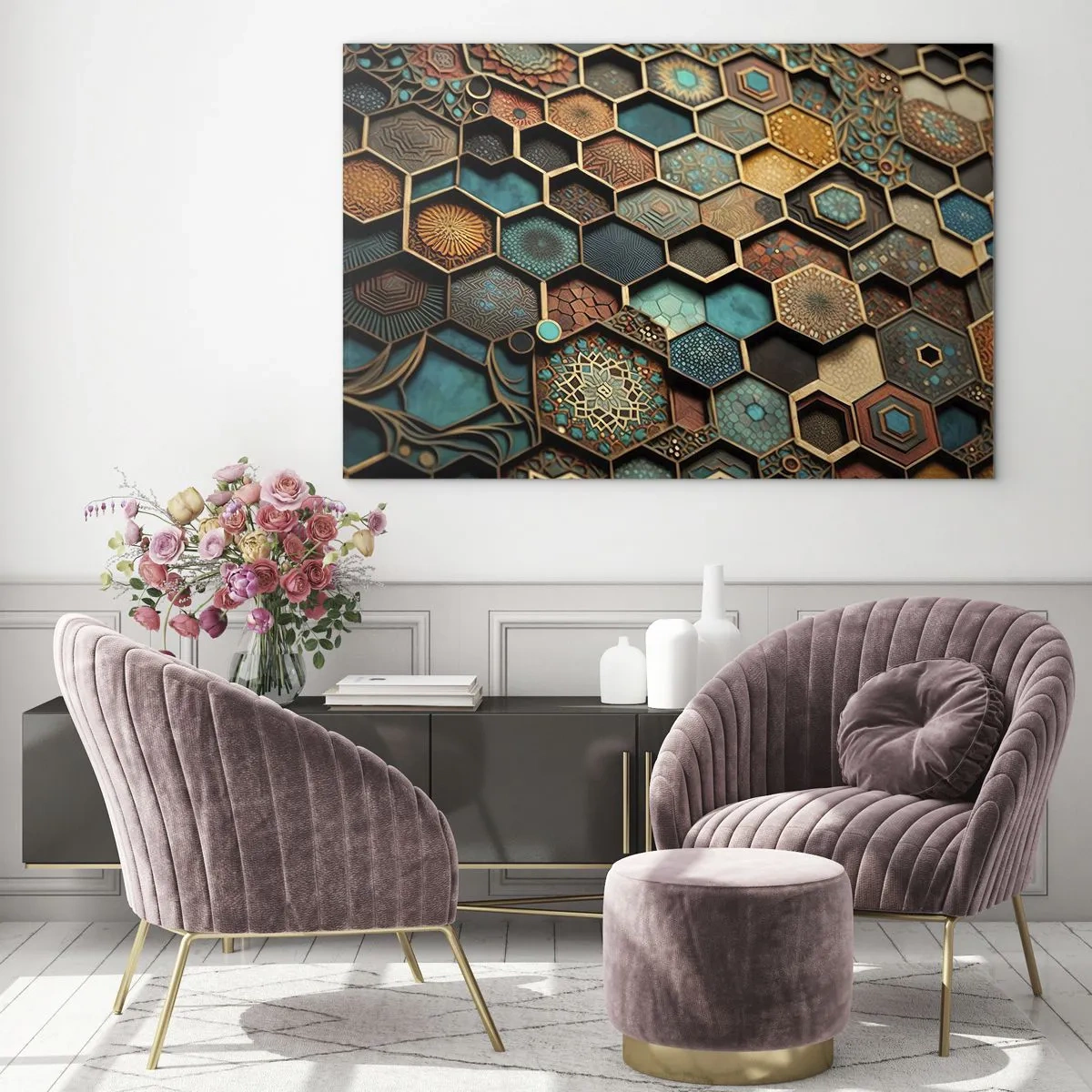 Quadro em vidro - Mosaico com padrões geométricos em estilo oriental - 70x50cm - Ornamentos árabes – variação - Decoração de parede moderna para a sala de estar e quarto ARTTOR