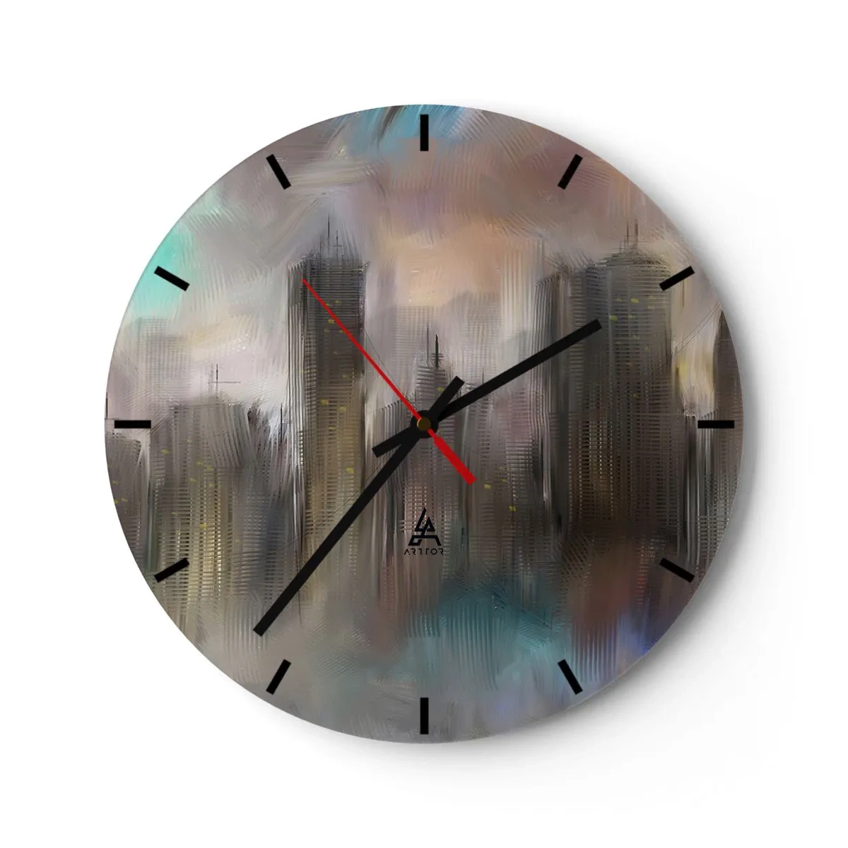 Relógio de parede - Relógio em vidro - Uma imagem abstrata de uma cidade com arranha-céus em um cenário de neblina. - 30x30cm - Composição de aço, pedra e névoa - Decoração de parede moderna para a sala de estar, cozinha e quarto ARTTOR