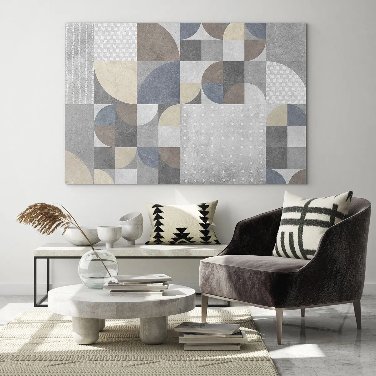 Quadro em vidro - Composição geométrica abstrata com várias formas e tons de cinza. - 70x50cm - Fantasia cerâmica - Decoração de parede moderna para a sala de estar e quarto ARTTOR