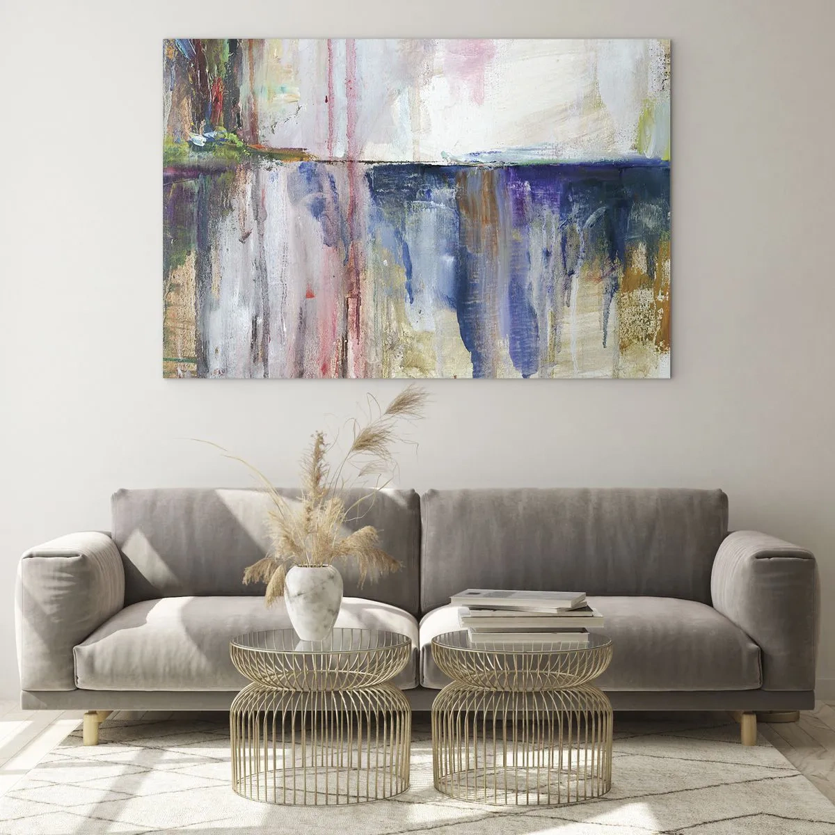 Quadro em vidro - Uma abstração colorida com listras de tinta e texturas dinâmicas. - 70x50cm - Impressões coloridas e associações - Decoração de parede moderna para a sala de estar e quarto ARTTOR