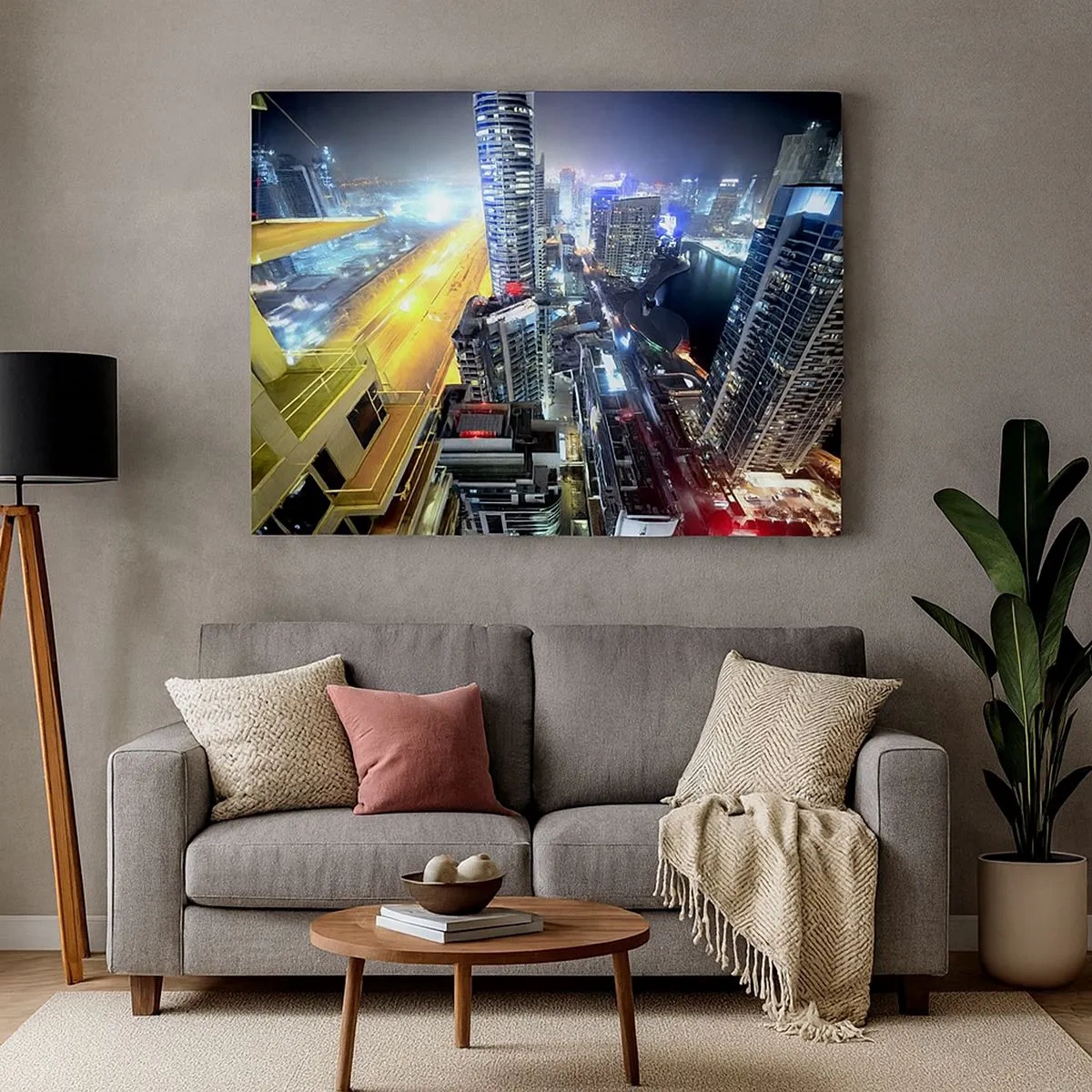 Quadro em tela - Panorama da cidade noturna com arranha-céus iluminados - 70x50cm - Milagre no deserto - Decoração de parede moderna para a sala de estar e quarto ARTTOR