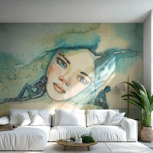 Papel de Parede Autocolante Deluxe Sticker - Am I blue? - Abstração, Rosto de Mulher, Pintura - 250x175 cm