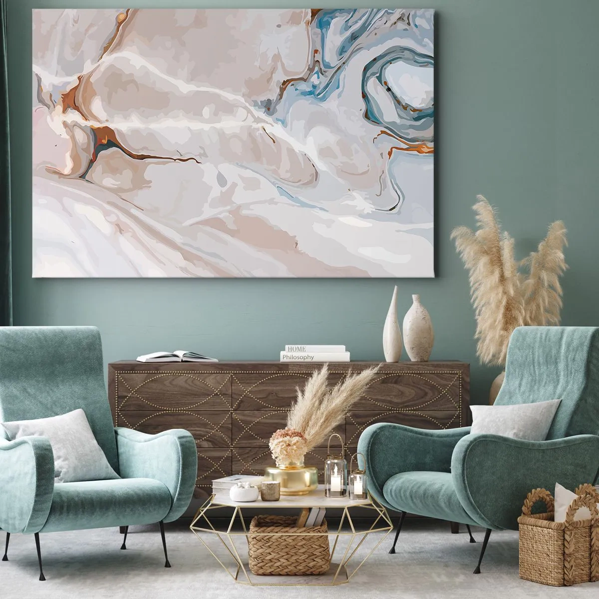 Quadro em tela - Padrão abstrato em tons de branco e azul - 70x50cm - Meandros azuis sob branco - Decoração de parede moderna para a sala de estar e quarto ARTTOR
