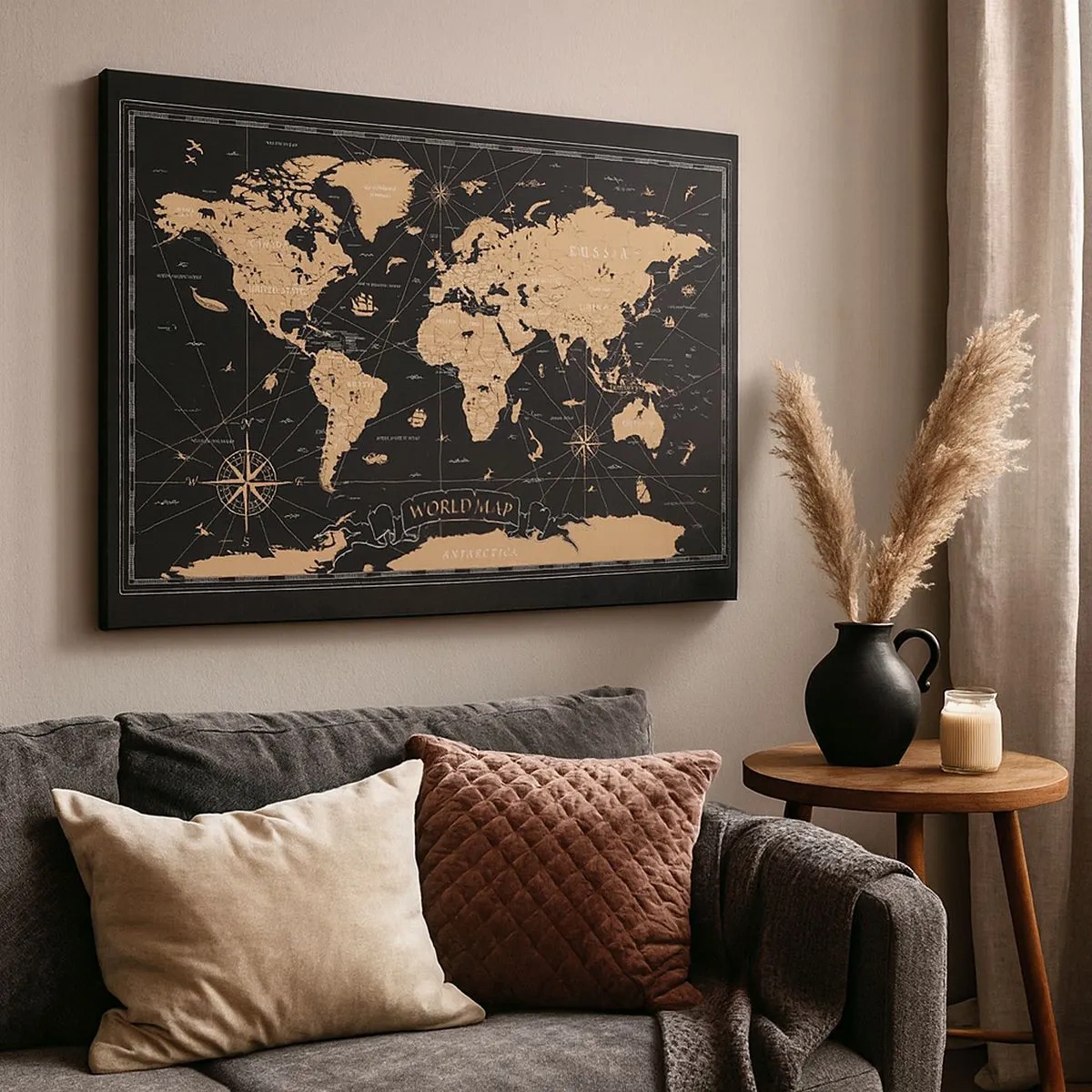 Quadro em tela - Um mapa-múndi estilizado em um fundo preto com detalhes em bege. - 70x50cm - Os limites do meu mundo - Decoração de parede moderna para a sala de estar e quarto ARTTOR