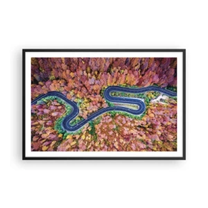 Pôster com moldura preta - Estrada sinuosa pela floresta - 91x61 cm