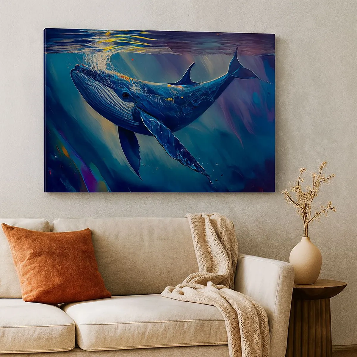 Quadro em tela - Uma baleia nas profundezas do oceano em cores luminosas - 70x50cm - Bem vindo ao meu mundo - Decoração de parede moderna para a sala de estar e quarto ARTTOR