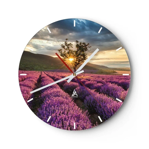 Relógio de parede - Relógio em vidro - Um campo de lavanda ao pôr do sol com uma árvore solitária - 30x30cm - Aroma lilás - Decoração de parede moderna para a sala de estar, cozinha e quarto ARTTOR