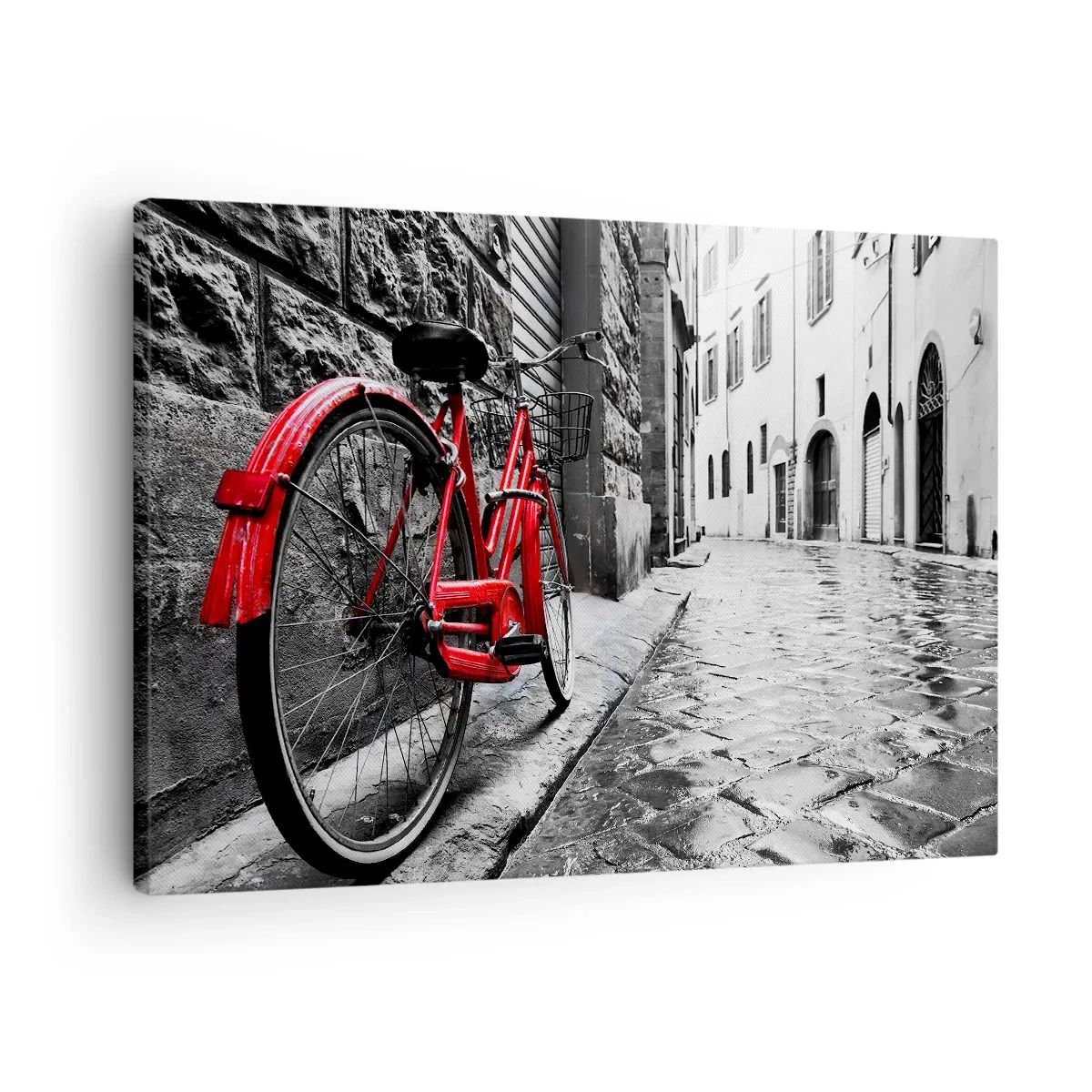 Quadro em tela - Bicicleta vermelha em uma rua preta e branca - 70x50cm - A verdadeira beleza não envelhece - Decoração de parede moderna para a sala de estar e quarto ARTTOR