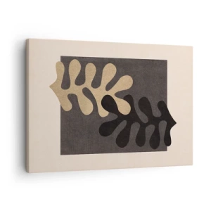 Quadro em tela - Folhas abstratas em preto e bege sobre fundo retangular - 70x50cm - Ausência e complemento - Decoração de parede moderna para a sala de estar e quarto ARTTOR