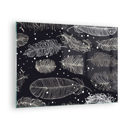 Quadro em vidro - Penas brancas sobre fundo preto com detalhes sutis - 70x50cm - Rendas de penas - Decoração de parede moderna para a sala de estar e quarto ARTTOR
