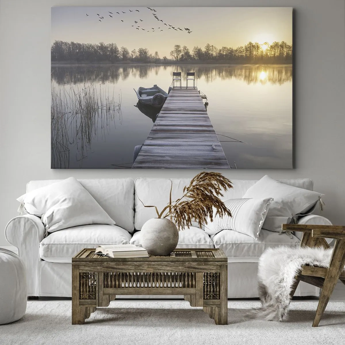 Quadro em tela - Um píer à beira do lago pela manhã com um barco e cadeiras - 70x50cm - Voltarei dentro de algum tempo - Decoração de parede moderna para a sala de estar e quarto ARTTOR