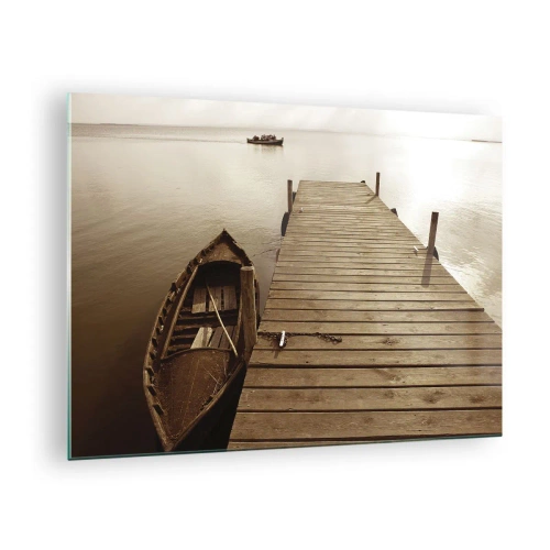 Quadro em vidro - Um barco em um píer em um lago calmo em sépia - 70x50cm - Paz de espírito - Decoração de parede moderna para a sala de estar e quarto ARTTOR