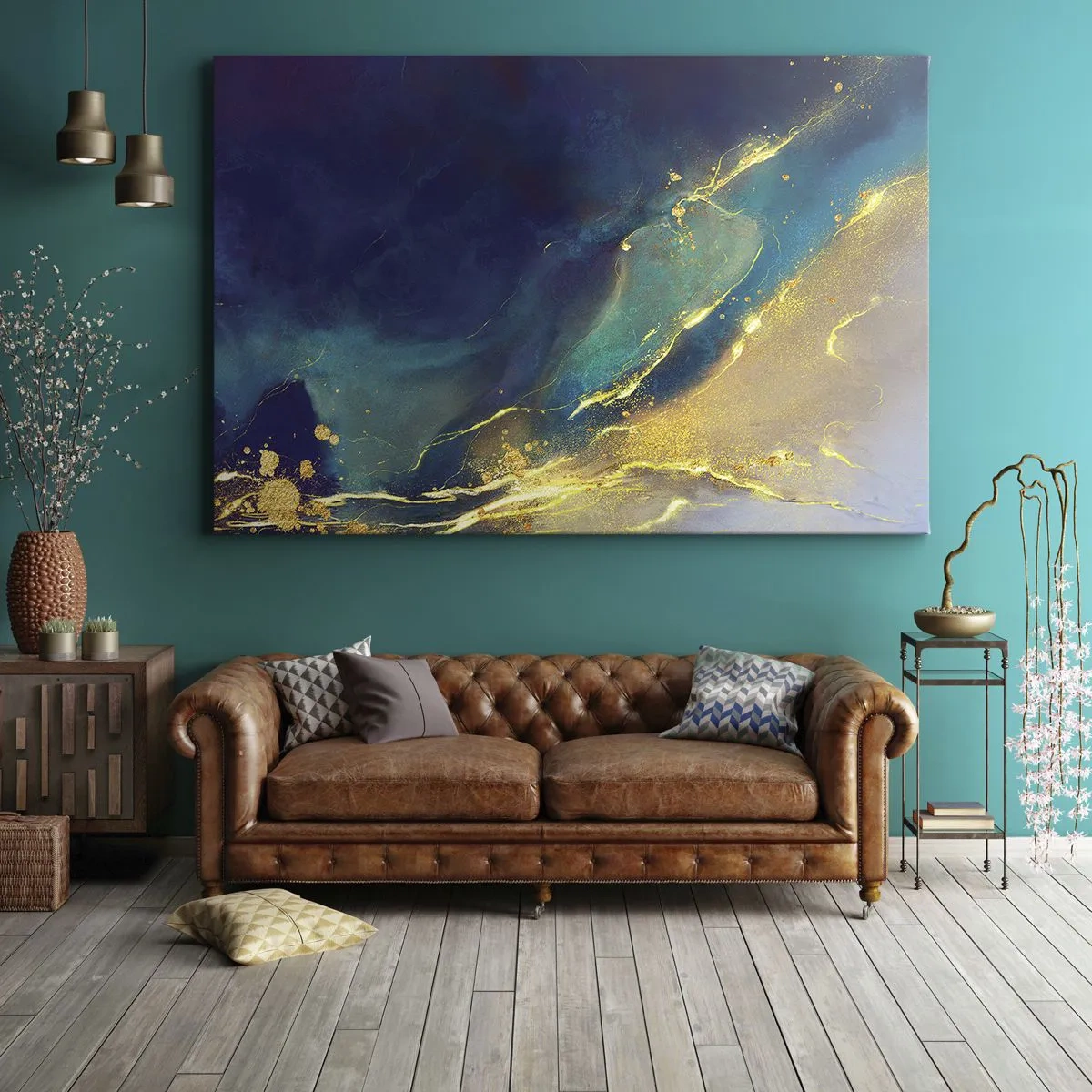 Quadro em tela - Composição abstrata em tons de azul e dourado sobre tela - 70x50cm - Piscina dourada - Decoração de parede moderna para a sala de estar e quarto ARTTOR